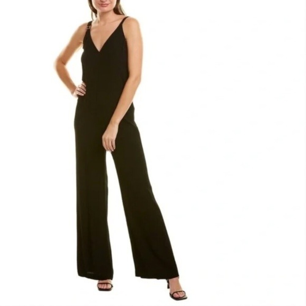 Ba&sh Fasme Double V-Neck Crepe Jumpsuit L Noir Black Wide Leg Pant NEW B83